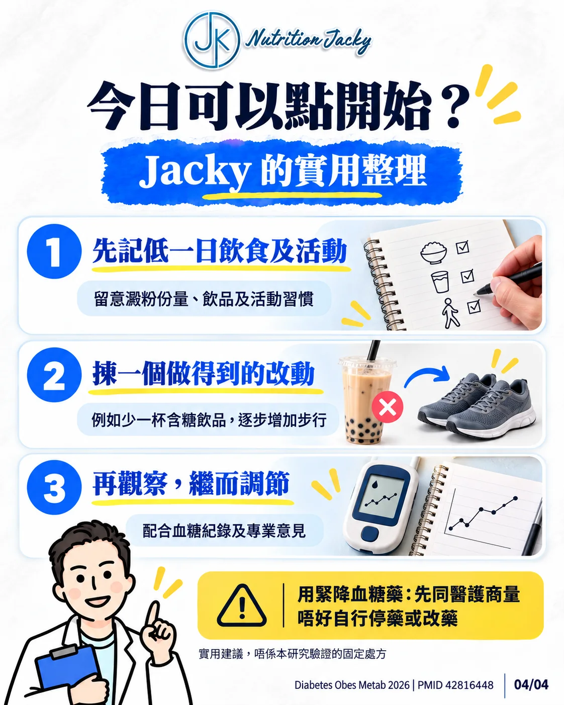 Jacky建議記錄飲食及活動、選擇一個改動再觀察；使用降血糖藥須先與醫護商量。